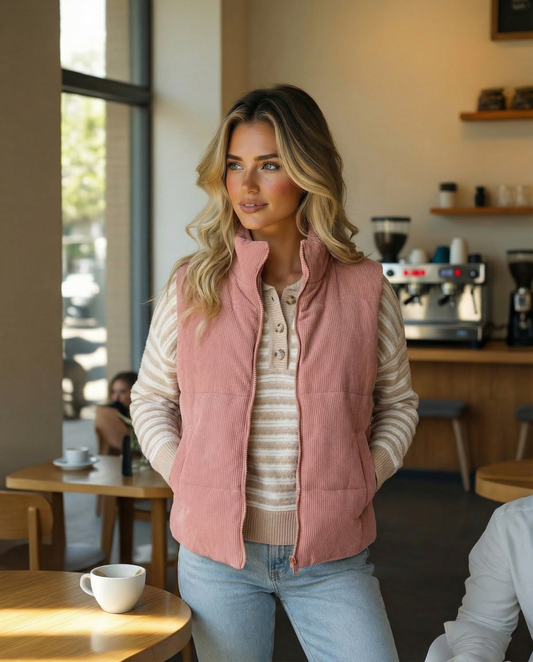 Corduroy Stand Neck Zipped Puffer Vest