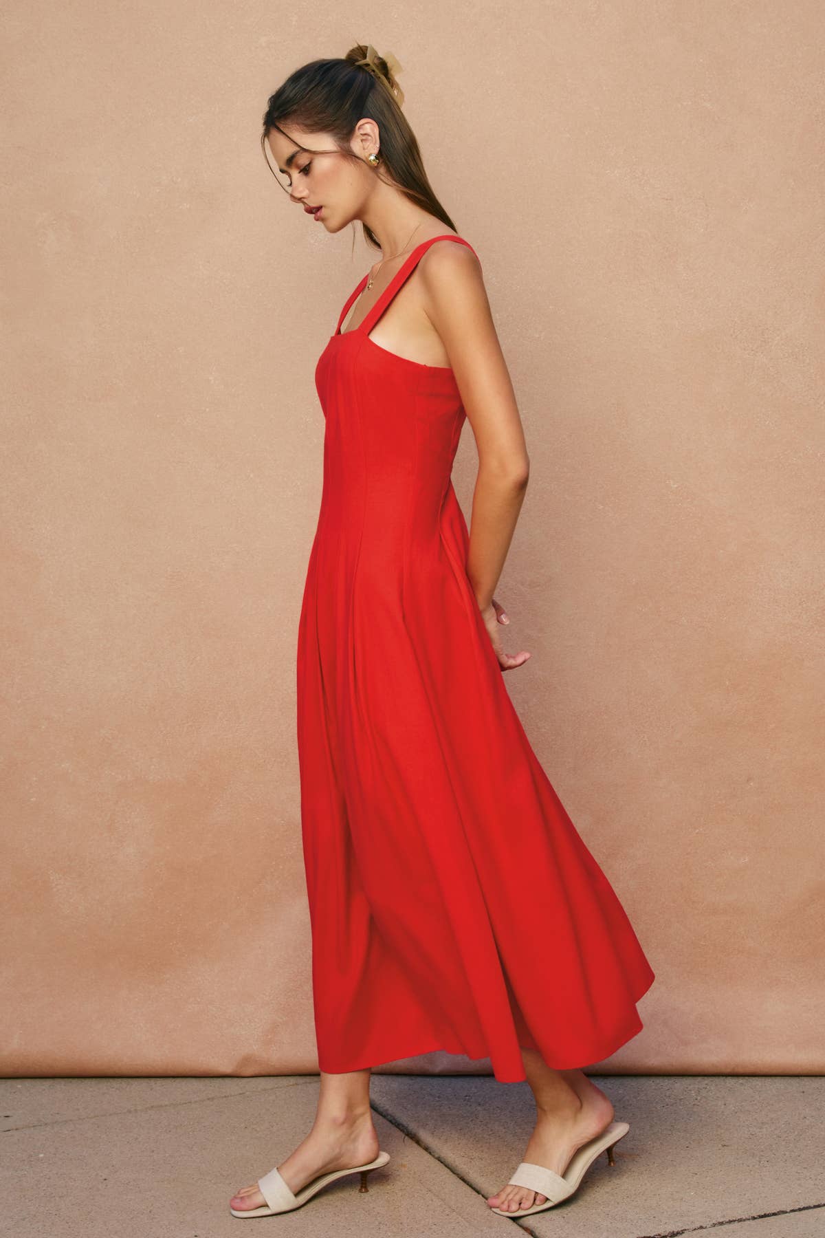 Soleil Cotton Linen Seam Detail Flared Maxi Dress