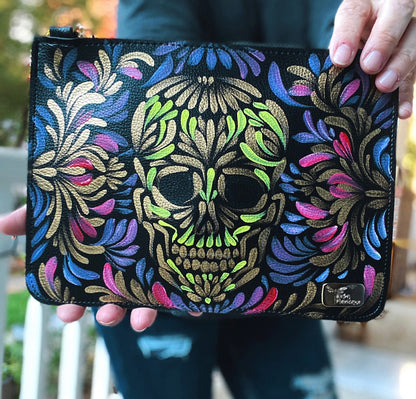 Hand Painted Crossbody by Rosa Mexicano - Pink + Blue + Lime Green Skull image