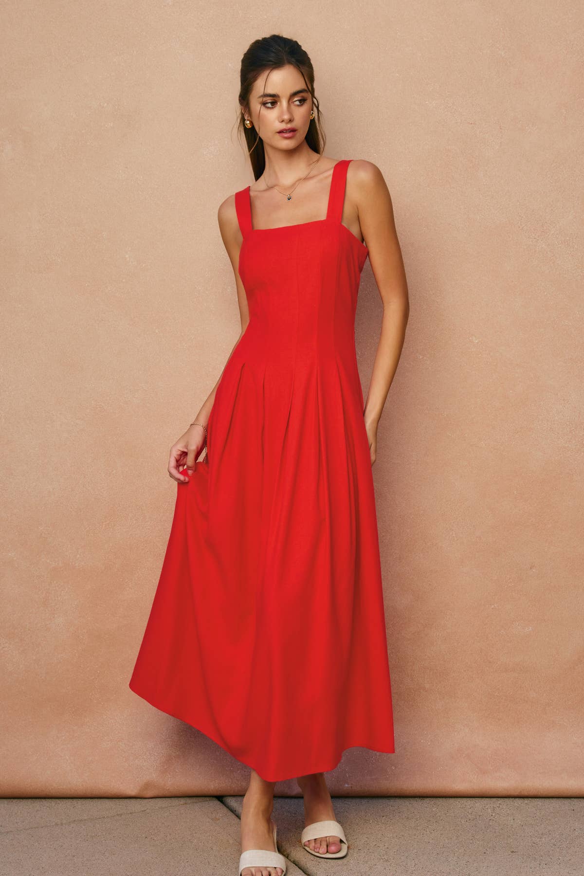 Soleil Cotton Linen Seam Detail Flared Maxi Dress