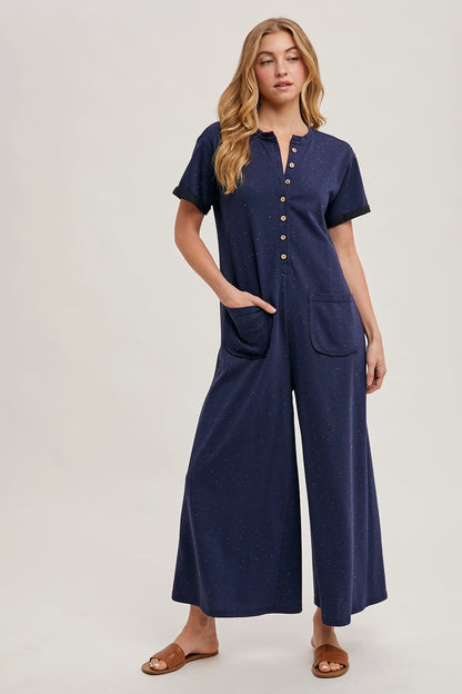 DOT HALF BUTTON WIDE LEG JUMPSUIT WITH POCKETS
