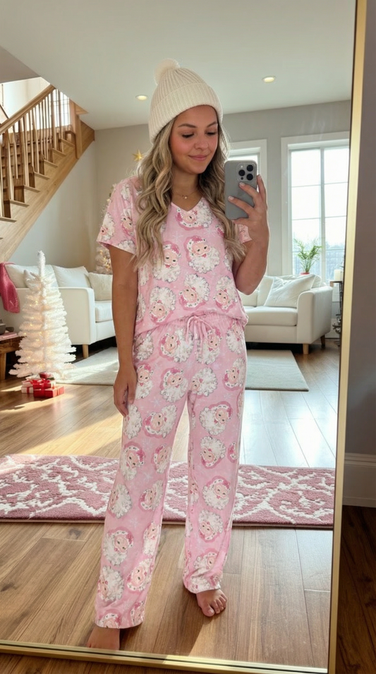 Santa Claus Print V Neck Tee Drawstring Pants 2pcs Lounge Set