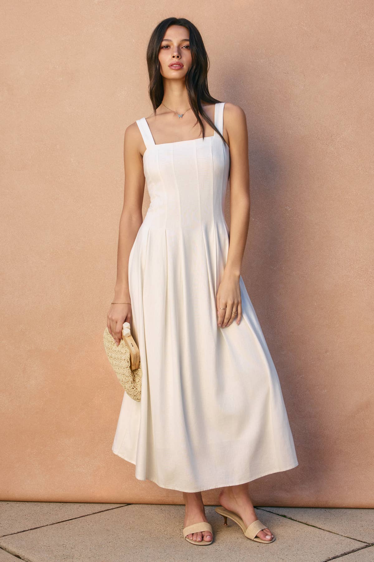 Soleil Cotton Linen Seam Detail Flared Maxi Dress