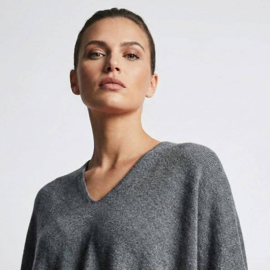 The Himalayan Cashmere V-Neck Poncho — Natural Dark Grey