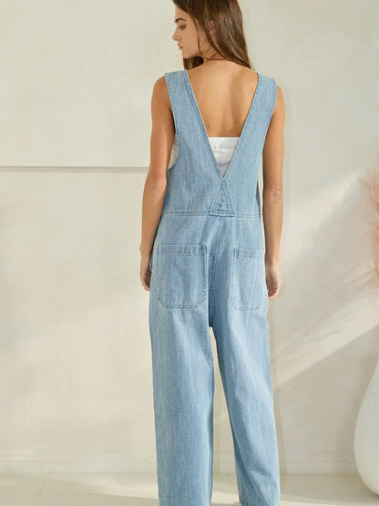 Zip-front Wide-leg Denim Overalls Jumpsuit