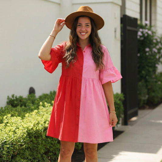 First Love Full Size Color Blocked Button Down Babydoll Dress