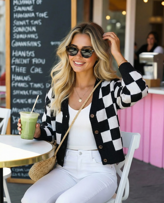 Checkerboard Pattern Button-Down Cardigan