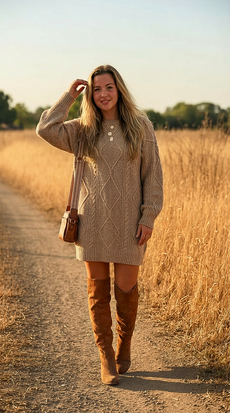 Cable-Knit Round Neck Sweater Dress