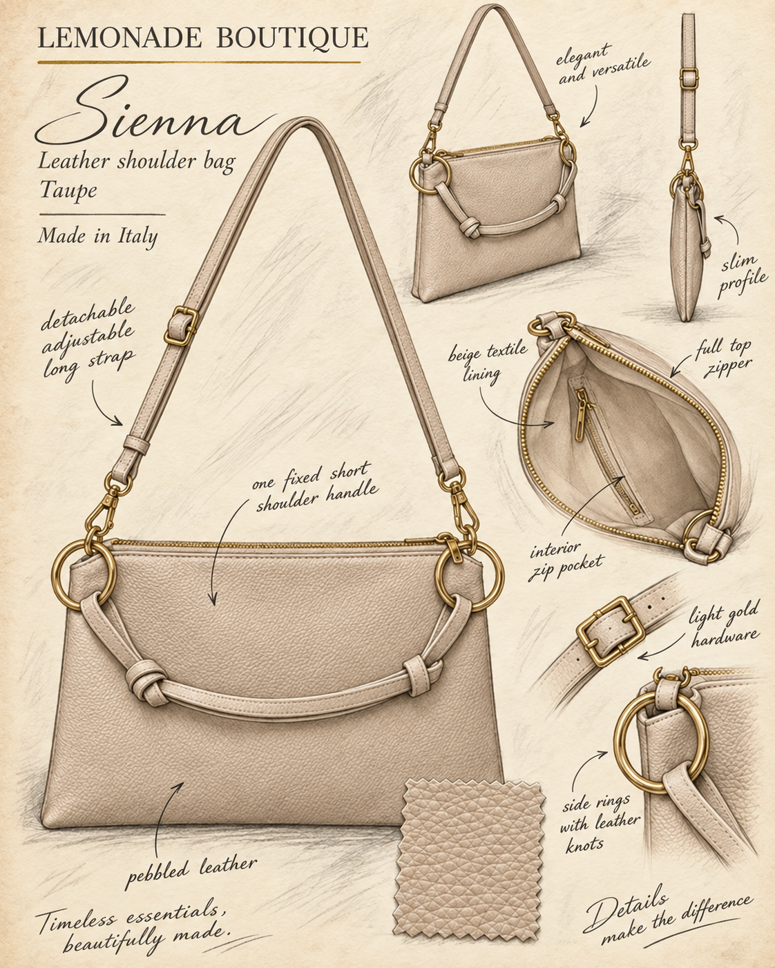 SIENA Leather Shoulder Bag — Taupe