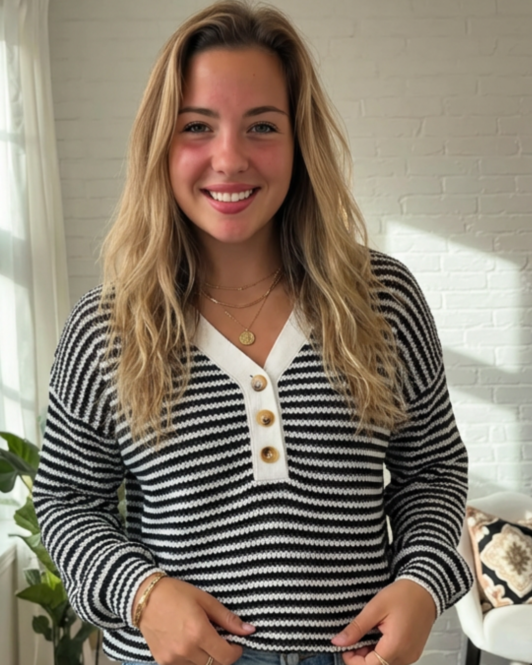 Striped Button Detail Long Sleeve T-Shirt