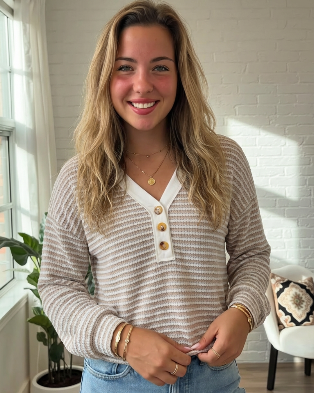 Striped Button Detail Long Sleeve T-Shirt