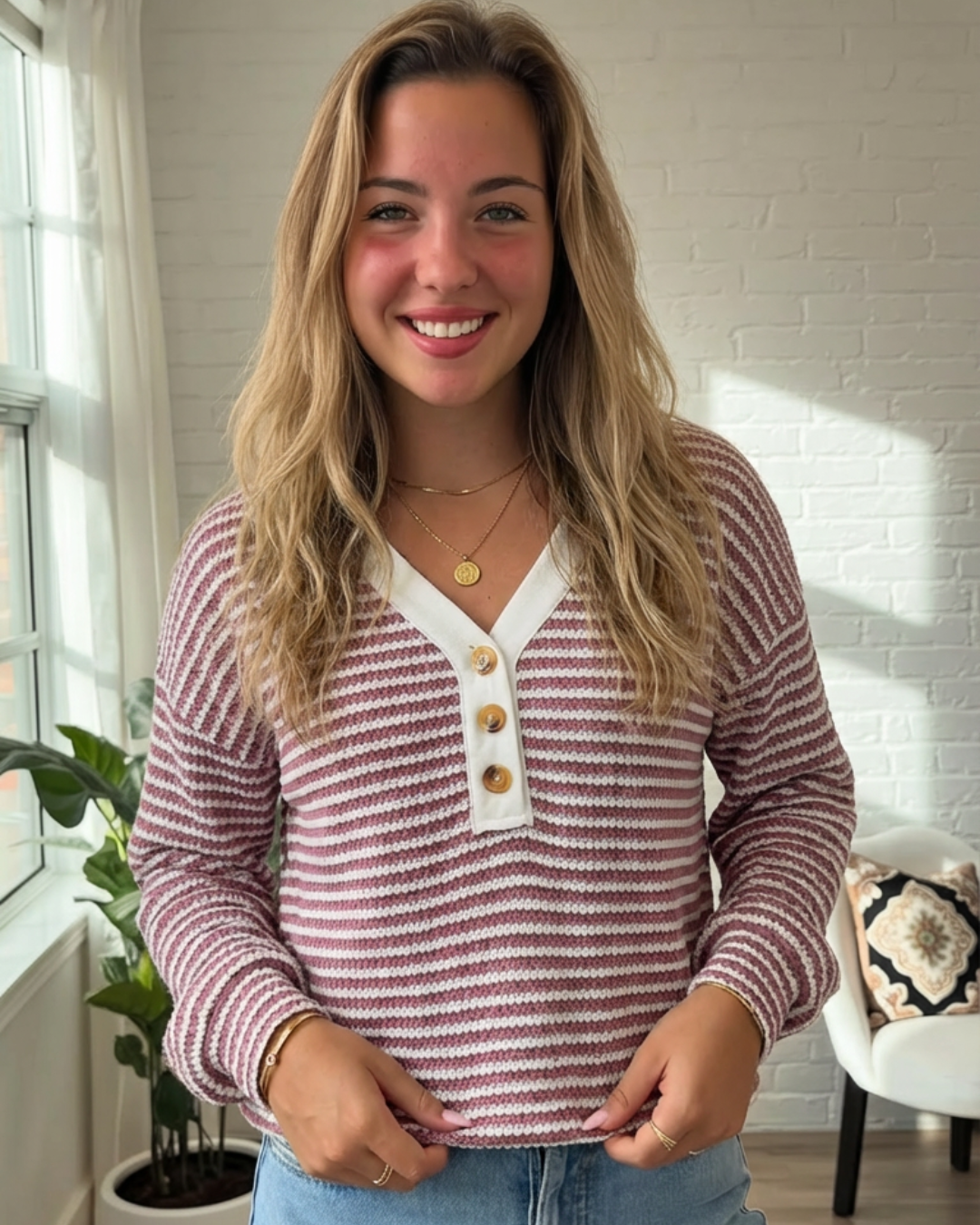 Striped Button Detail Long Sleeve T-Shirt