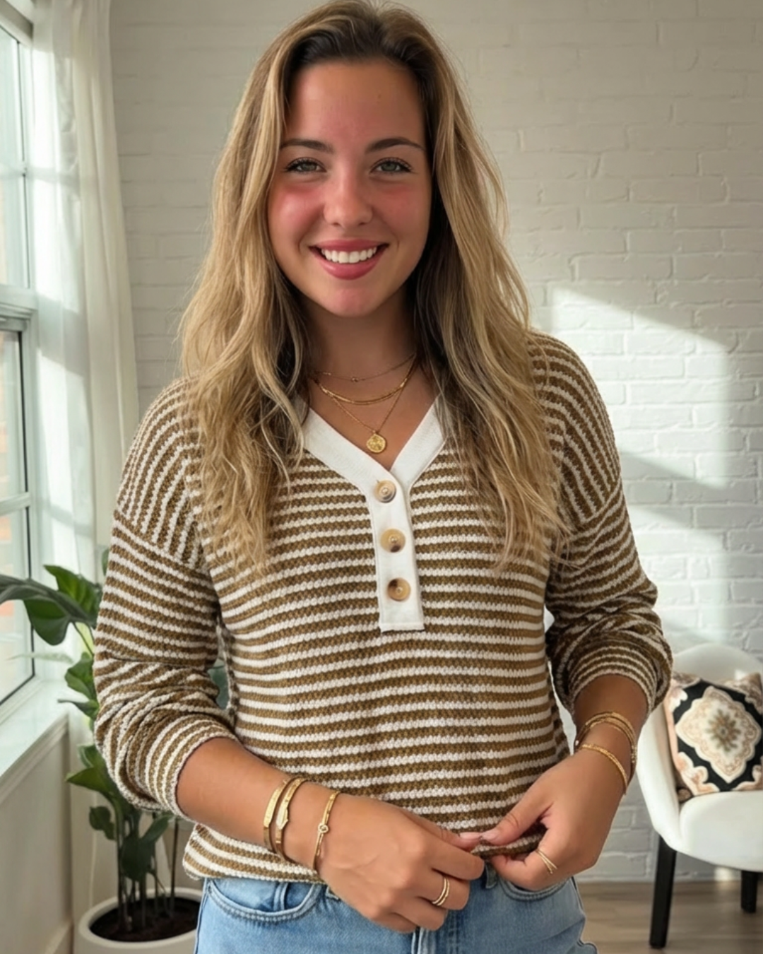 Striped Button Detail Long Sleeve T-Shirt