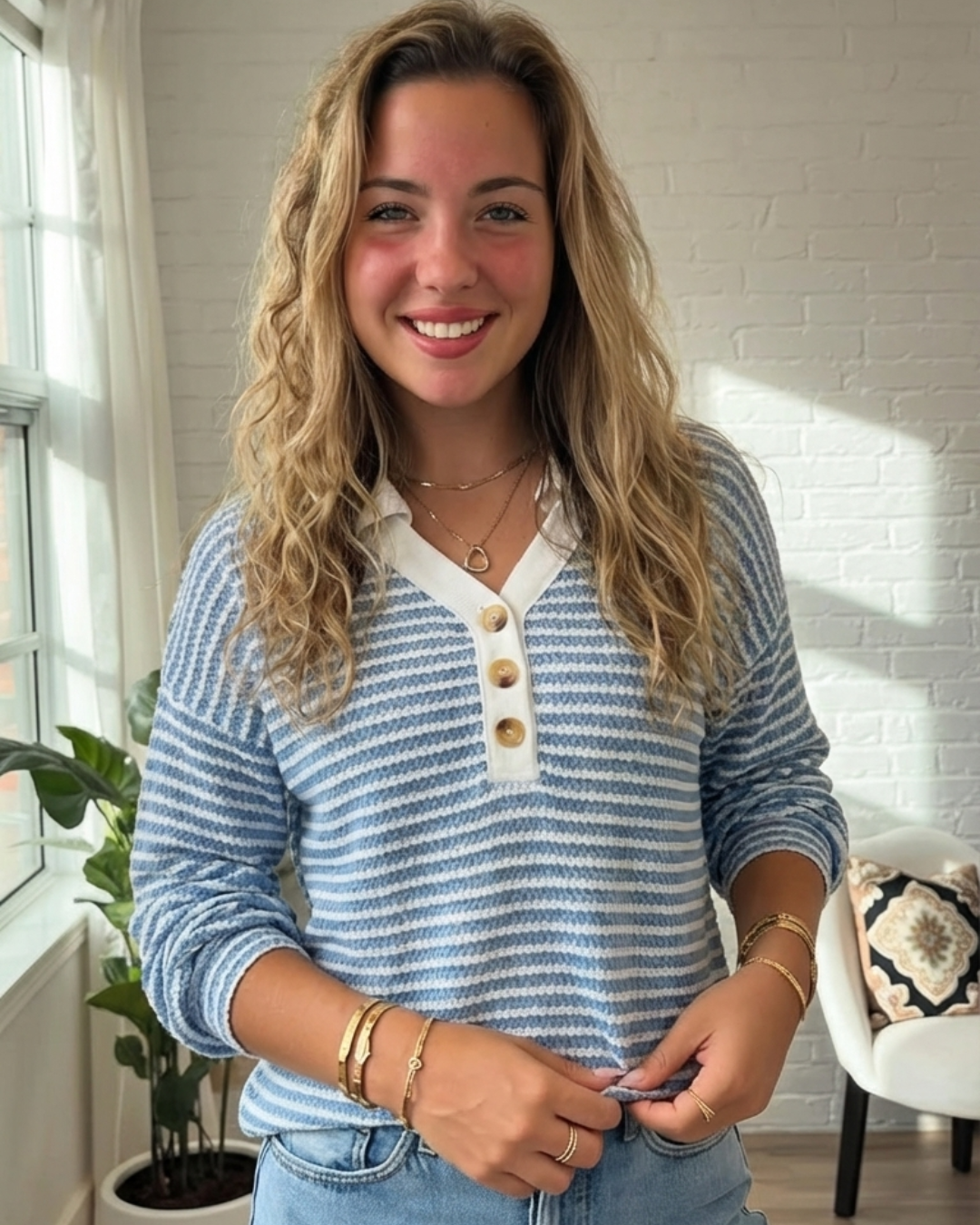 Striped Button Detail Long Sleeve T-Shirt