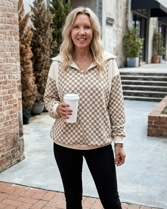 Checkered Quarter Zip Sweatshirt
