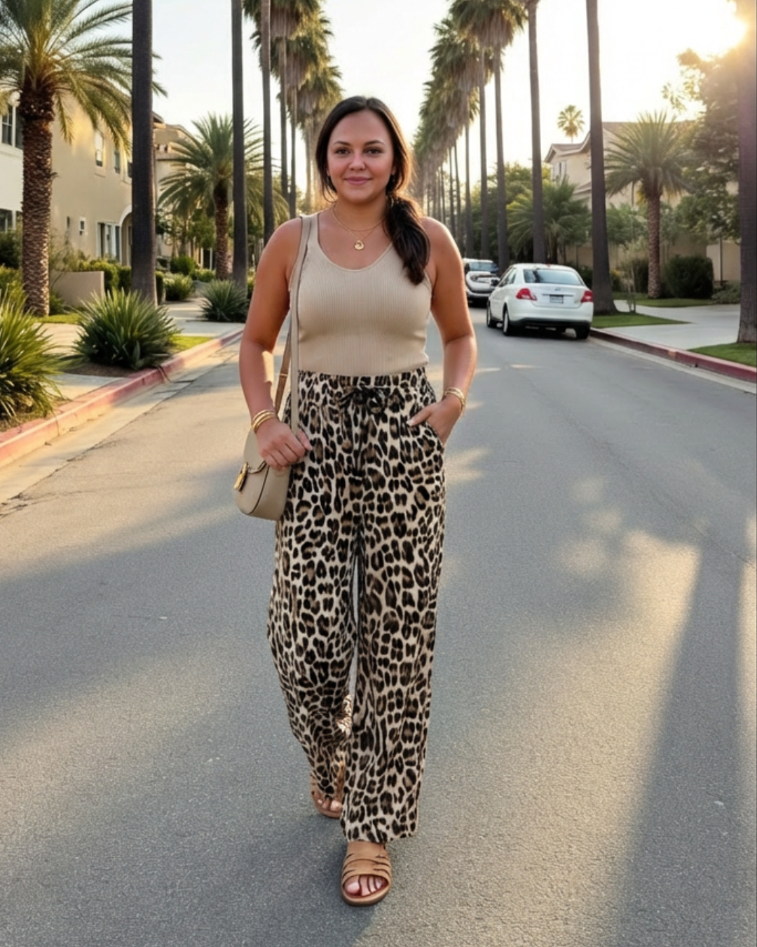 Parchment Leopard Drawstring Flowy Wide Leg Pants