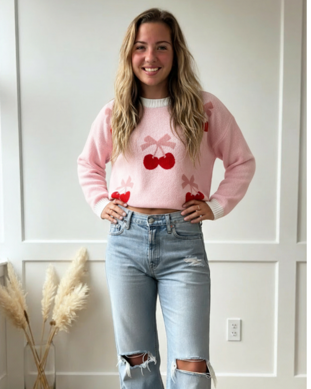 Cherry Pattern Drop Shoulder Sweater