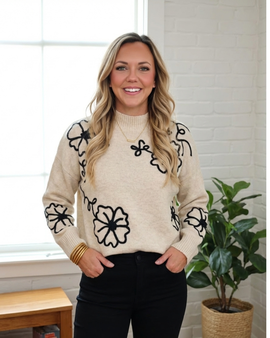 Flower Stitching Mock Neck Sweater