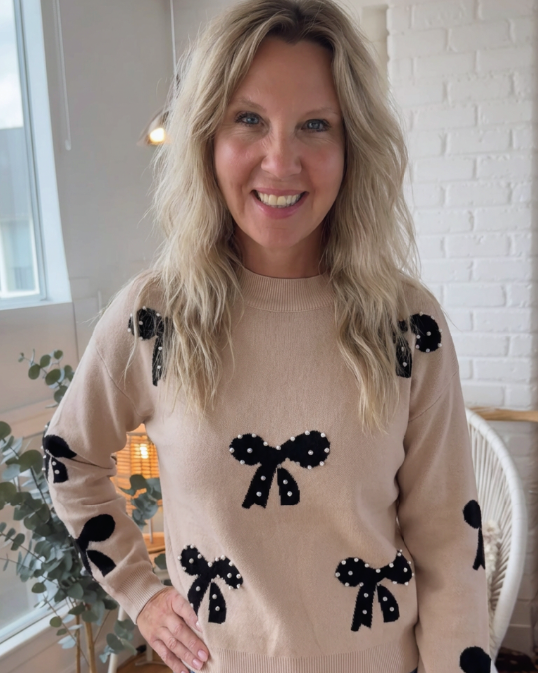 Bow Pearl Embellished Drop Shoulder Sweater