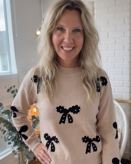 Bow Pearl Embellished Drop Shoulder Sweater