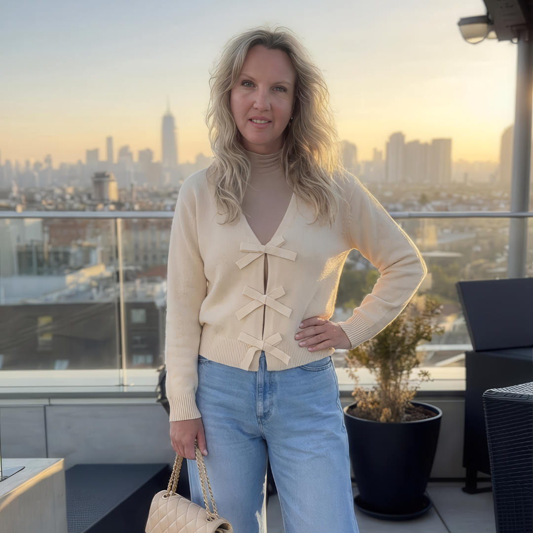 Bowknot Front V Neck Long Sleeve Sweater