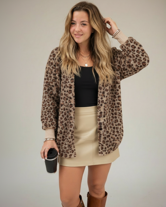 Fuzzy Leopard Long Sleeve Hooded Jacket