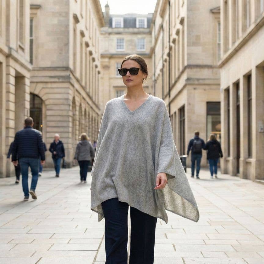 Undyed Cashmere V-Neck Poncho – Oatmeal Melange