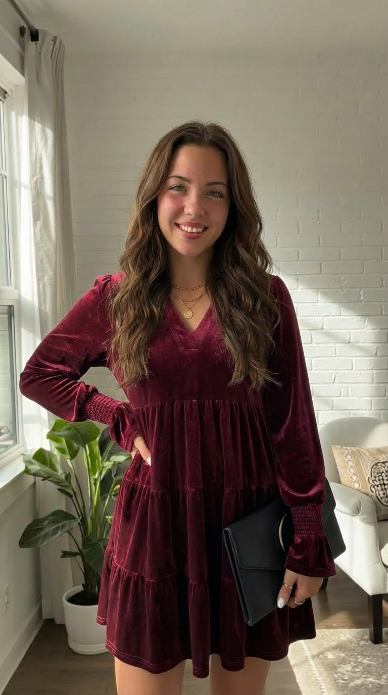 Elegant Velvet Long Sleeve  Solid Color Dress