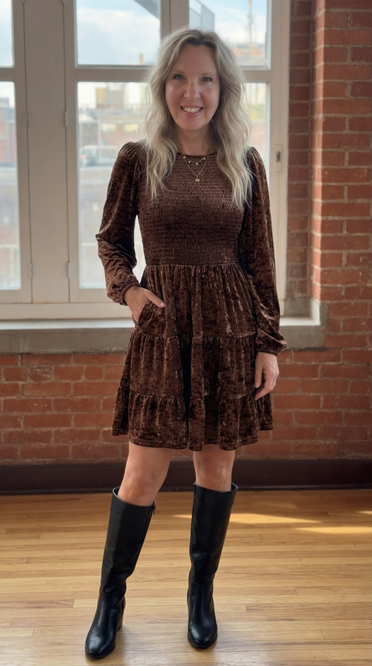 Long sleeve smocked velvet dress