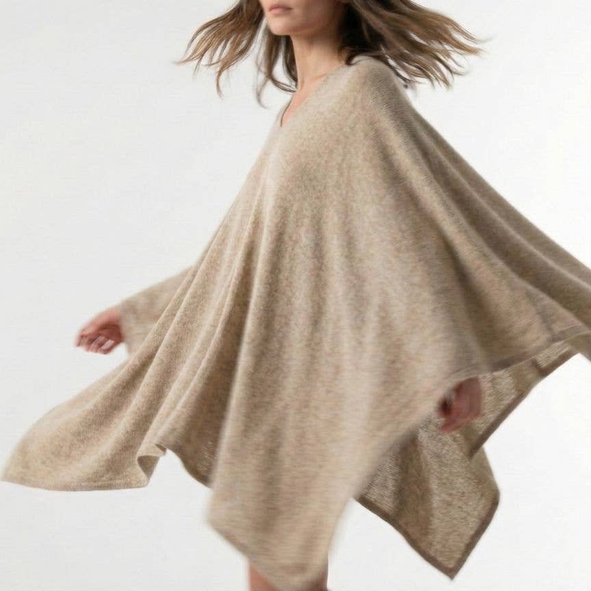 The Himalayan Cashmere V-Neck Poncho — Natural Dark Grey