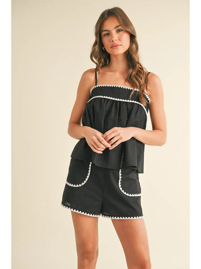 SLEEVELESS LINEN TOP AND SHORTS SET WITH CONTRAST
