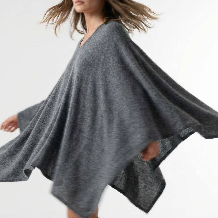 The Himalayan Cashmere V-Neck Poncho — Natural Dark Grey