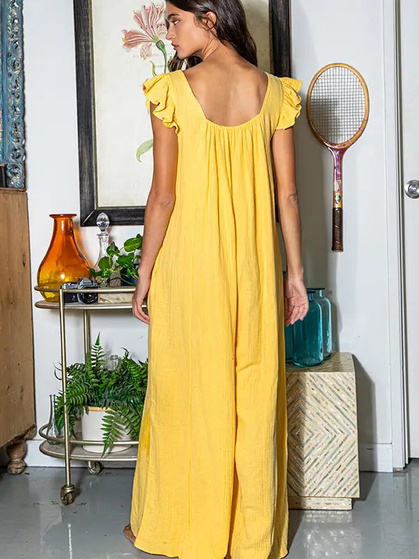 Ruffled Sleeve Wide Leg Solid Gauze Jumpsuit