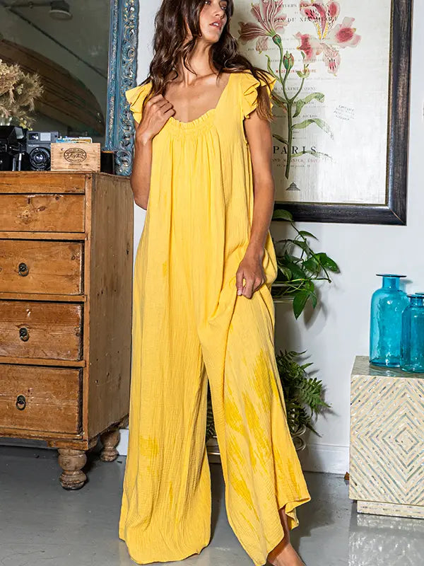 Ruffled Sleeve Wide Leg Solid Gauze Jumpsuit