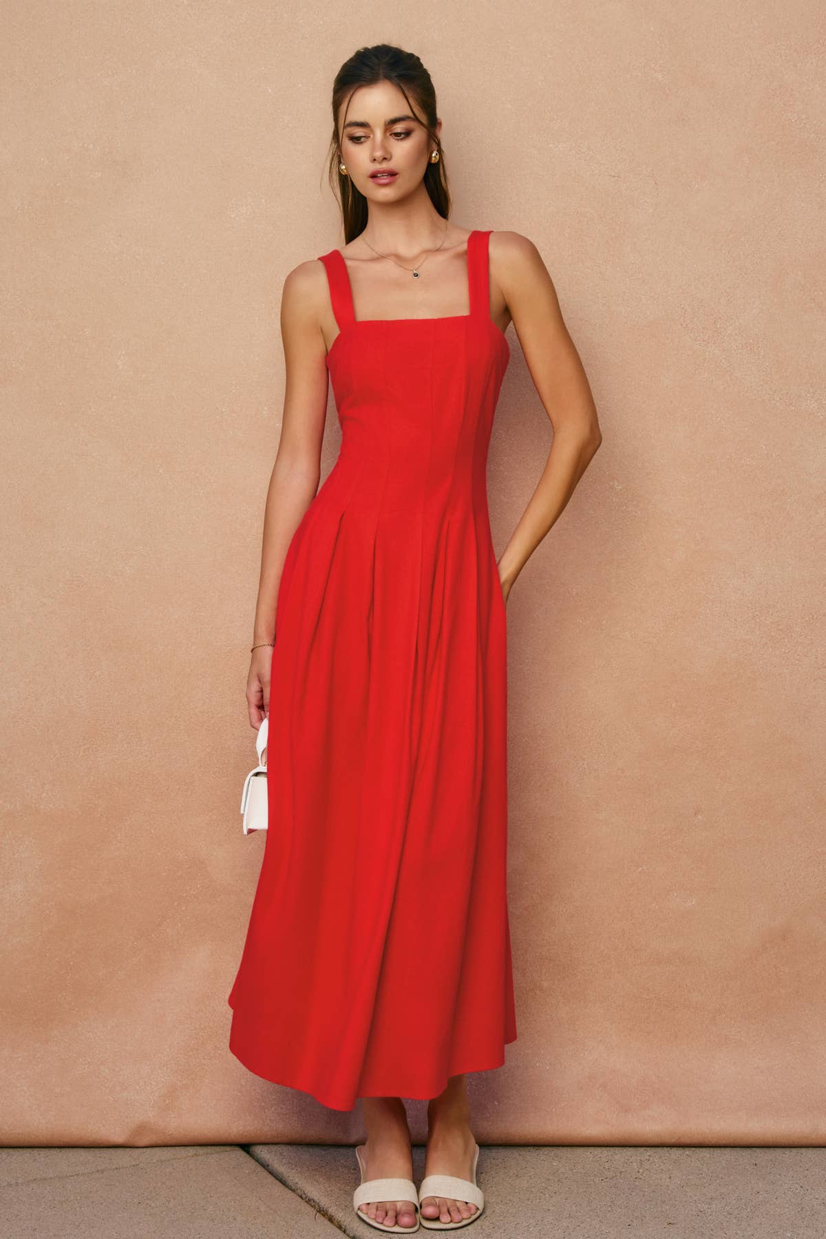 Soleil Cotton Linen Seam Detail Flared Maxi Dress