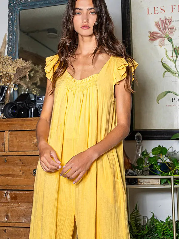 Ruffled Sleeve Wide Leg Solid Gauze Jumpsuit