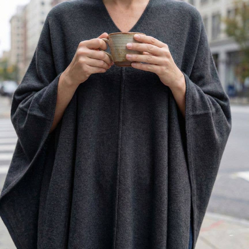 The Himalayan Cashmere V-Neck Poncho — Natural Dark Grey