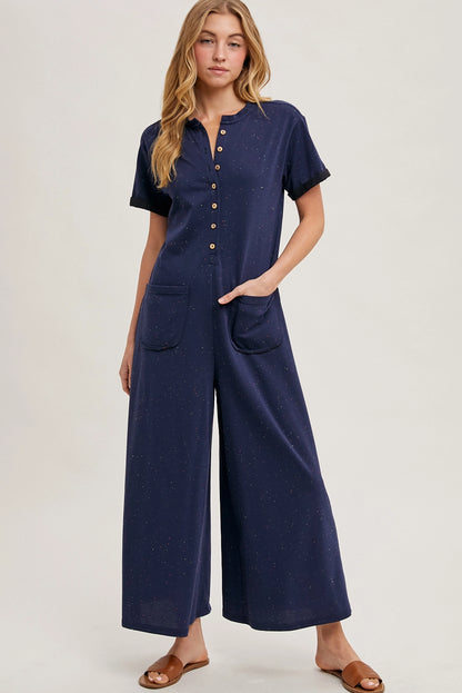 DOT HALF BUTTON WIDE LEG JUMPSUIT WITH POCKETS
