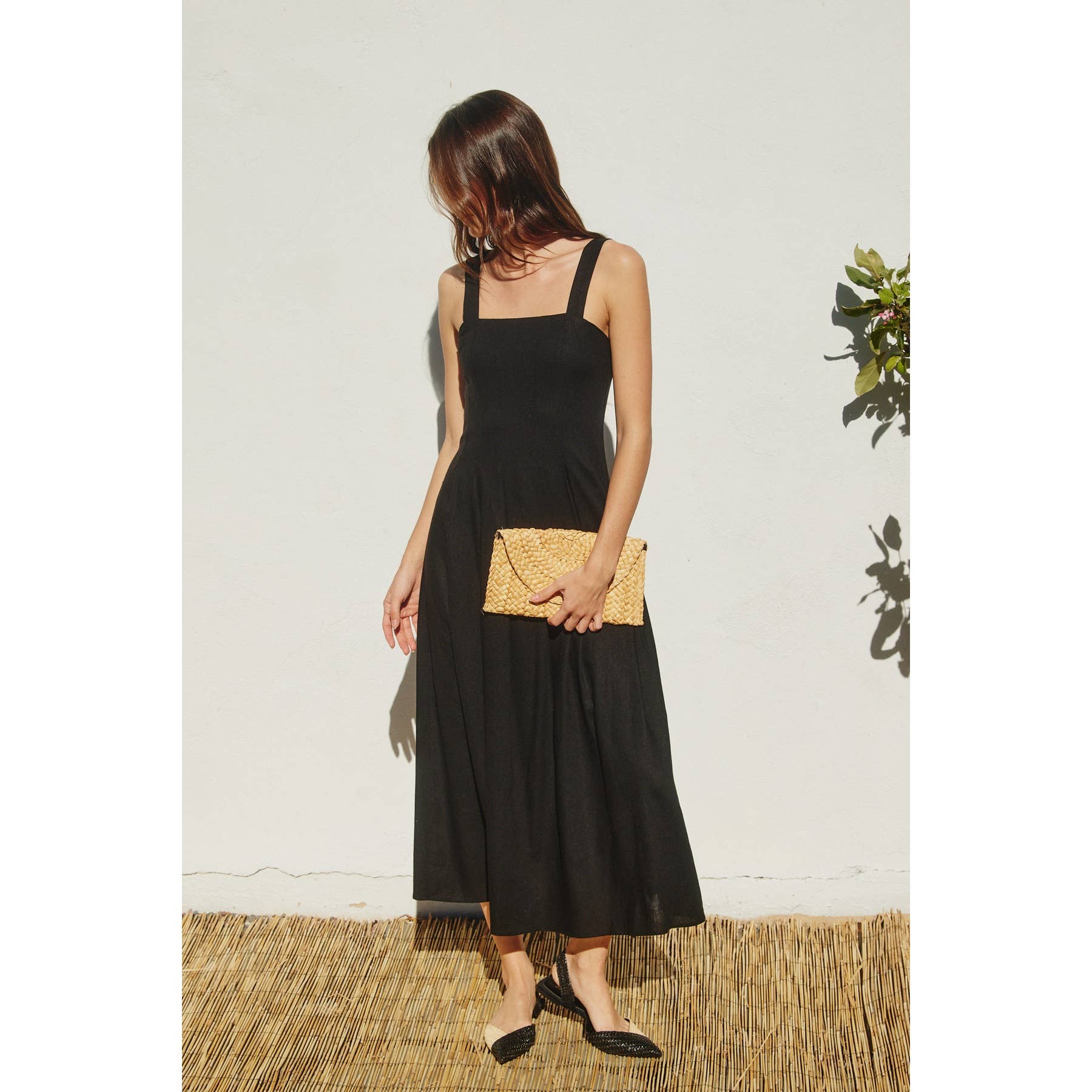 Soleil Cotton Linen Seam Detail Flared Maxi Dress