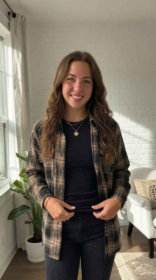 Plaid Double Flap Pocket Brushed Shacket