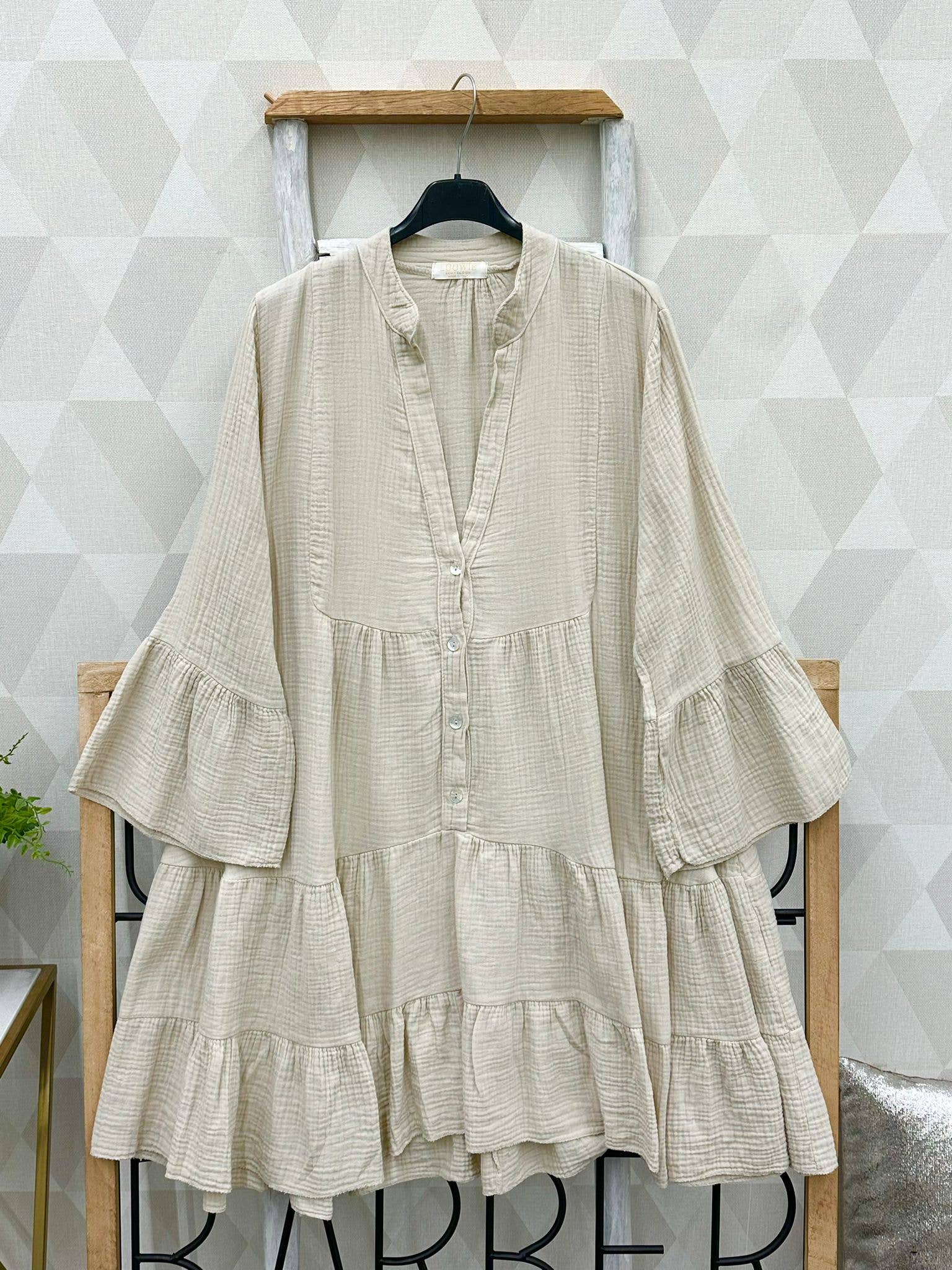 SWBE Beige Gauze Cotton Italian Short Dress 3/4 Sleeves