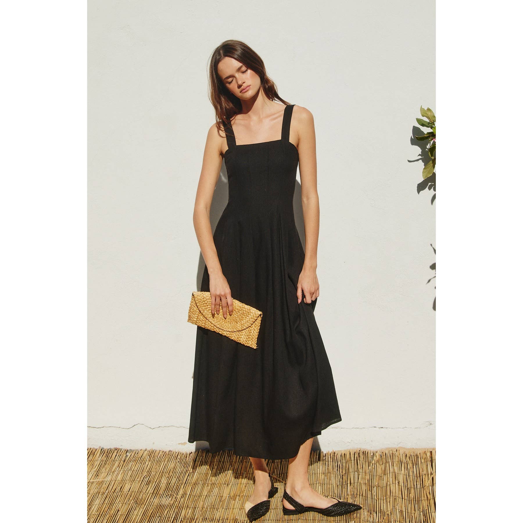 Soleil Cotton Linen Seam Detail Flared Maxi Dress