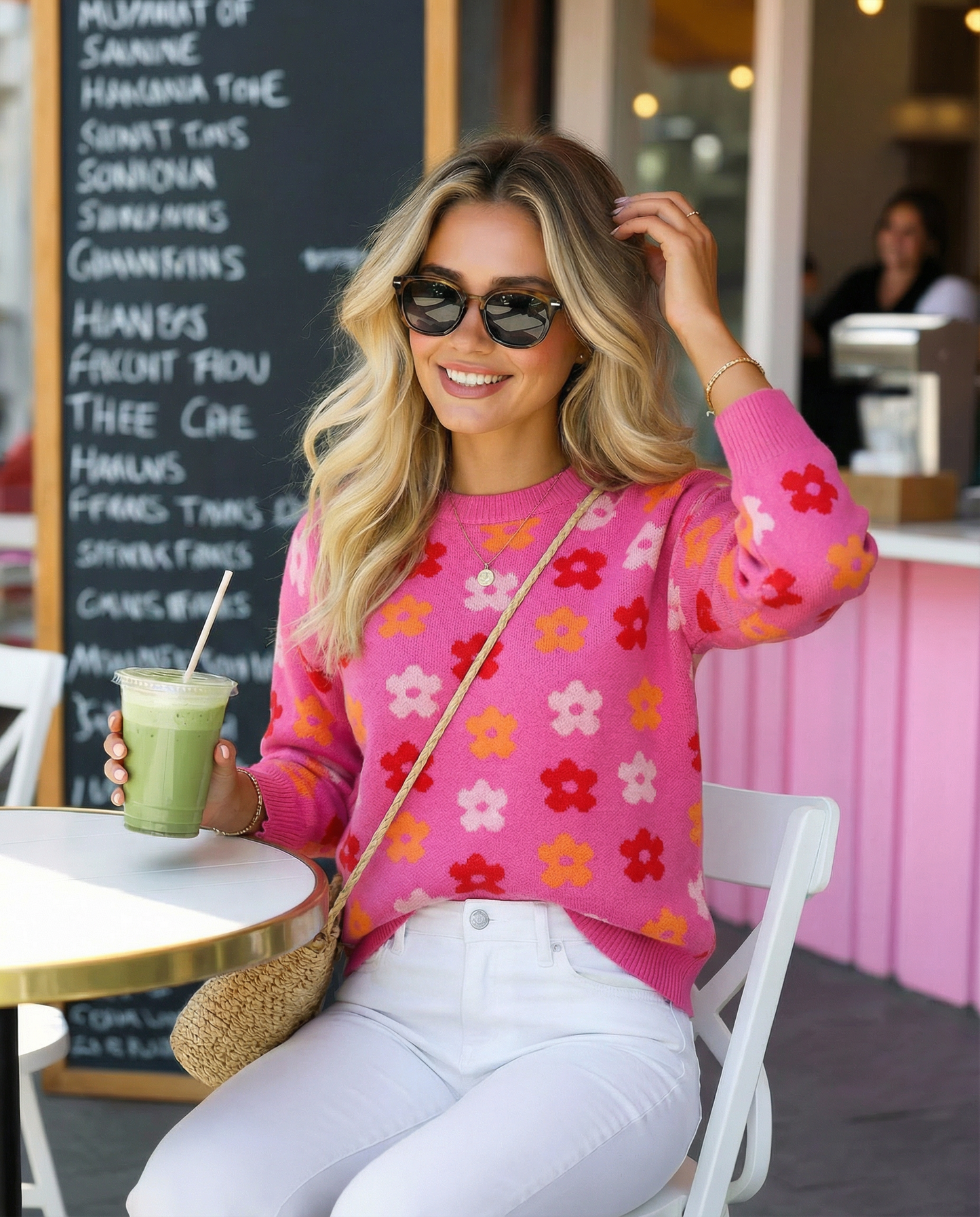 Flower Ribbed Trimmed Drop Shoulder Sweater