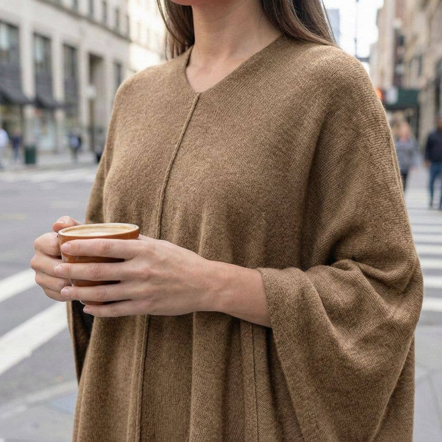 Undyed Cashmere V-Neck Poncho – Oatmeal Melange