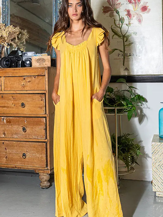 Ruffled Sleeve Wide Leg Solid Gauze Jumpsuit