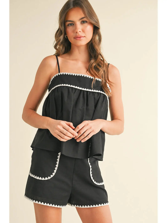SLEEVELESS LINEN TOP AND SHORTS SET WITH CONTRAST