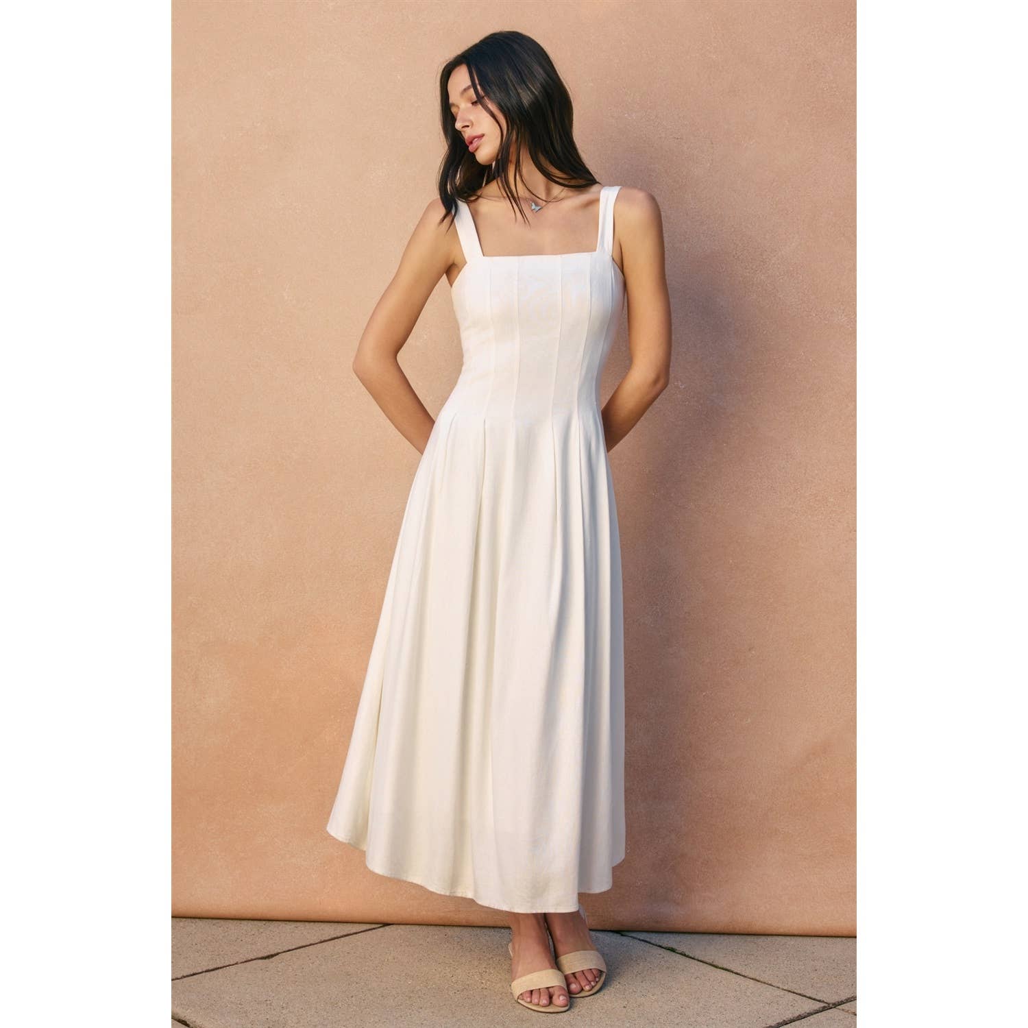 Soleil Cotton Linen Seam Detail Flared Maxi Dress