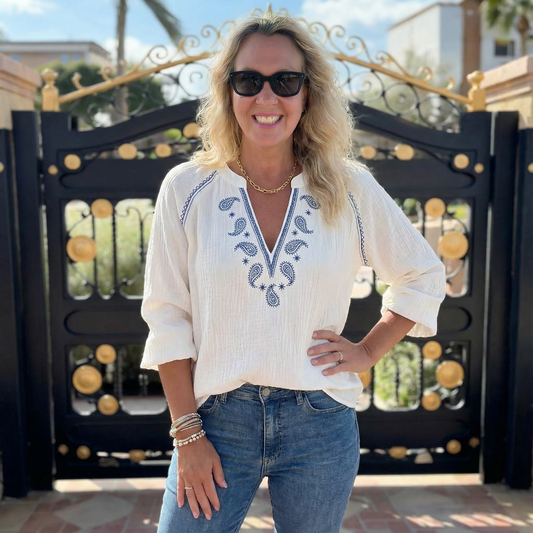 Blue Paisley Embroidered Cotton Blouse