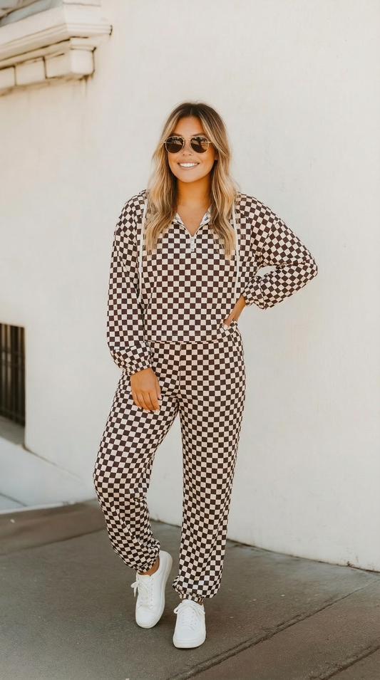 Checkered Drawstring Hoodie and Pants Set